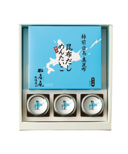 贈答用昆布だしめんたいこ・海鮮珍味3本(三種昆布のめんたいまぶし・苫小牧の北寄貝・函館生イカの北海漬け)ギフト