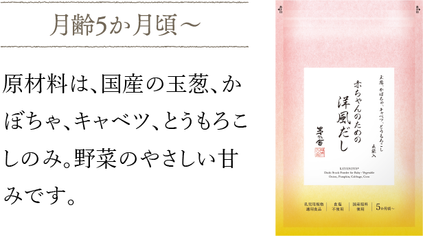 原材料は、国産の玉葱、かぼちゃ、キャベツ、とうもろこしのみ。野菜のやさしい甘みです。